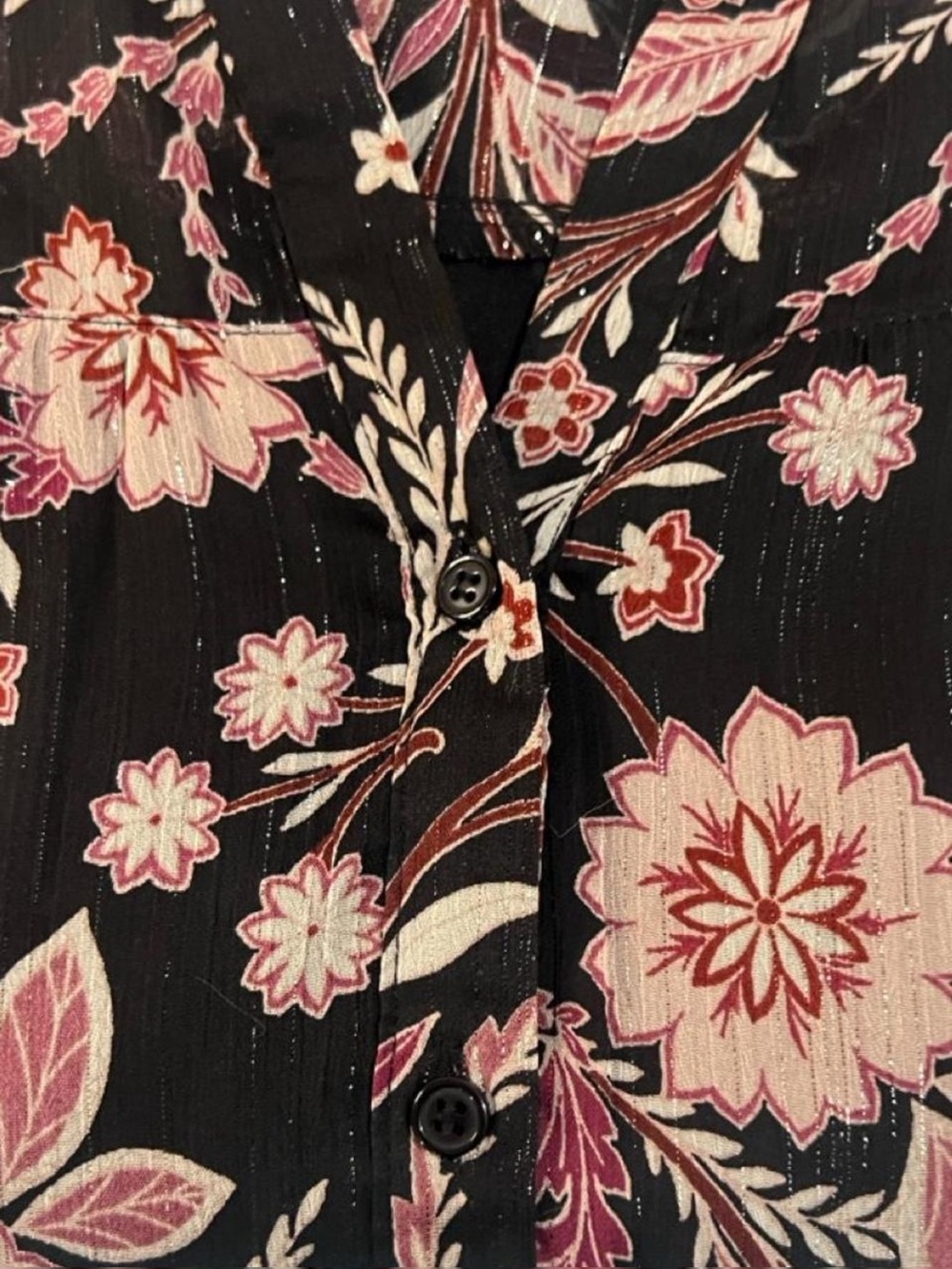 Floral Print Black & Pink Long-Sleeve Women's Blouse- Petite Small - Picture 5 of 6